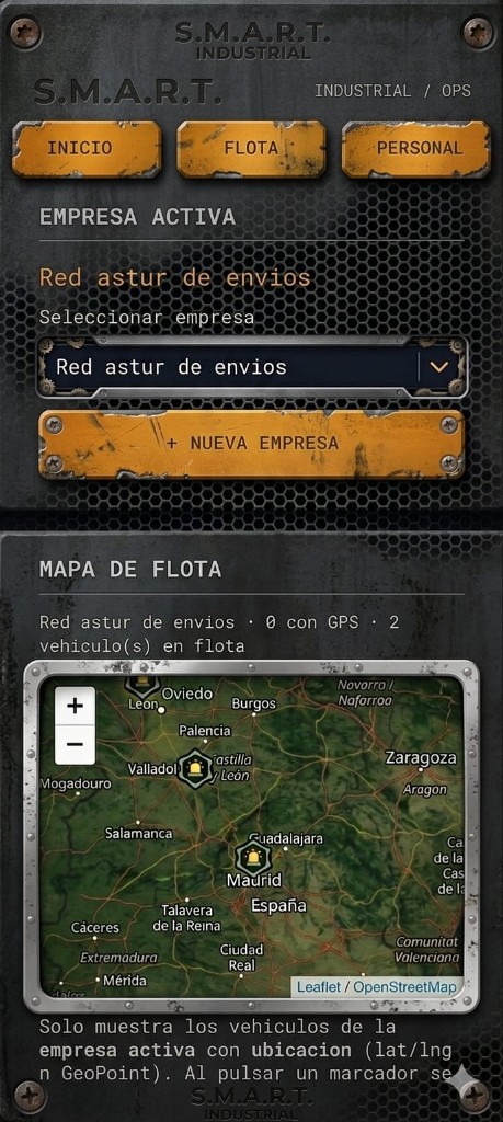 Vista movil de la interfaz S.M.A.R.T. Industrial con empresa activa y mapa de flota
